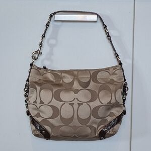 Coach Carly Signature Sateen Canvas Leather Trim Hobo Shoulder Bag Beige Brown